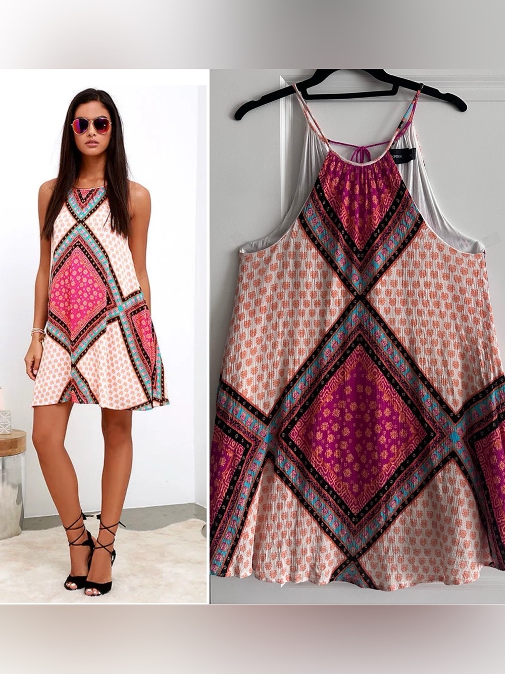 MINKPINK African Trance Orange and Pink Print Dress, size M, shoulder to hem 32”